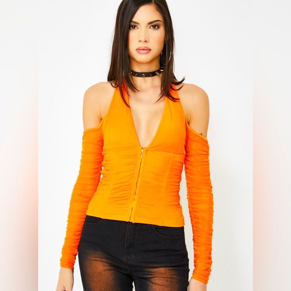 I.AM.GIA XS Top Diego Halter Top cold shoulder Zip up in Orange